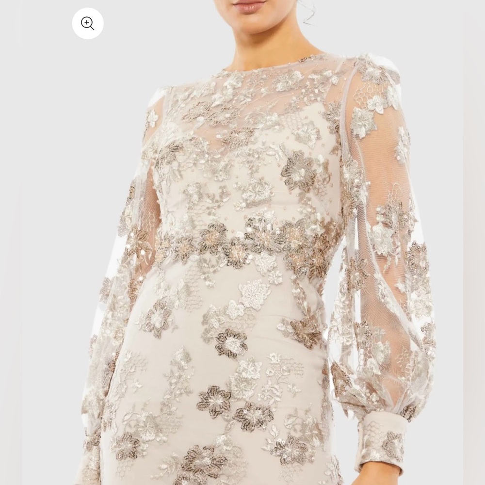 NWT Mac Duggal Beige Embellished High Neck Illusion Long Sleeve Midi Dress - Picture 2 of 6
